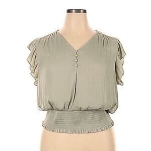 NWT Rachel Zoe Short Ruffle Sleeve Ruched Waist Blouse Sage Green - Size Medium